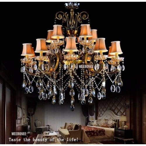 Antique Brass Color 15 Lights Chandelier Crystal Light Fixture Large Hanging Lustre Lamp with Lampshade Hotel Lobby Luminaire