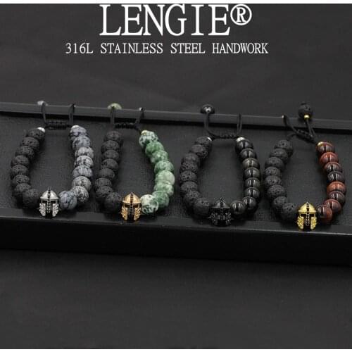 Lava Stone Beads Bracelet Stainless Steel Roman Knight Spartan Warrior Gladiator Helmet Strand Bracelets for Men Jewelry Hombres