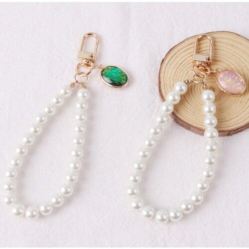 Korean Imitation Pearl Gem Key Chains Short Pink Green Rhinestone Keyring for Women Car Bag Airpods Pendant Keyfob Accessories