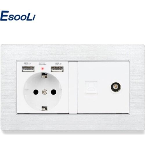 Esooli Aluminum Metal Panel EU Standard Wall Socket with 2 USB Charge Port + RJ45 Internet Jack With Female TV Outlet wall plug