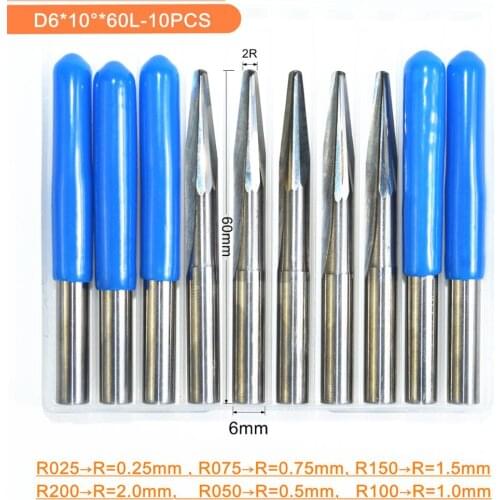 6mm*60L,10pcs,Free shipping Taper Ball nose Cone End Mill,CNC milling Cutter,Solid carbide tool,woodworking router bit