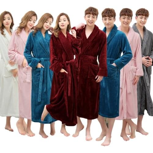On Sale Super Soft Extra Long Men Women Warm Coral Flannel Bath Robe Mens Kimono Bathrobe Male Dressing Gown Lovers Winter Robes