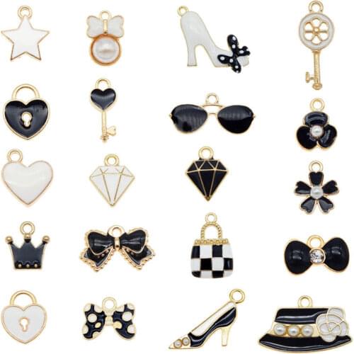 Julie Wang 20PCS Enamel Charms Mixed Black White Tie Star Key Shoes Heart Zinc Alloy Pendant Bracelet Jewelry Making Accessory