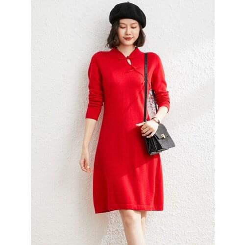 Chinese Style 100% Cashmere Knitting Dresses Women 2021 Winter New Fashion Length-keen Warm&Best Quality Dress Female Clothes