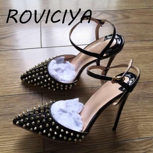 Summer Sexy Sandals For Women 12cm High Heels PU Leather Rivet Black Women Sandals Sexy Shoes Ladies Stiletto LX004 ROVICIYA
