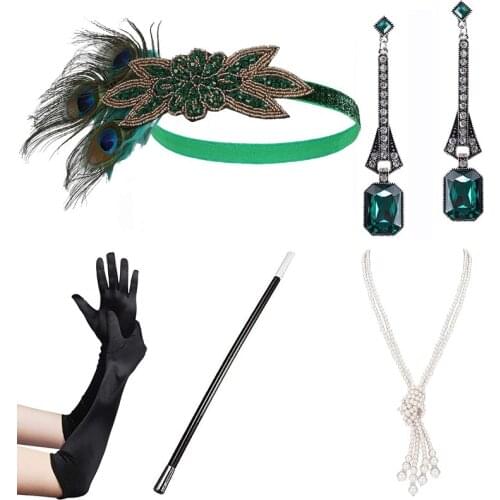 1920s Flapper Accessories Set Feather Headband Knot Pearl Necklace Gloves Earring Cigarette Holder Women Gatsby Costume Set