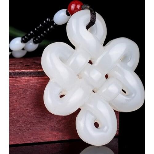 Natural Green White Jade Chinese Knot Pendant Beads Necklace Charm Jewelry Double-sided Hollow Carved Amulet Gifts for He