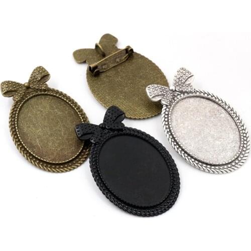 New Fashion 5pcs 30x40mm Inner Size Antique Silver Plated Bronze and Black Pin Brooch bow-knot Style Base Setting Pendant Tray