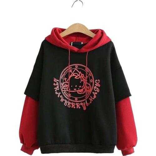 Autumn/Winter Fleece Strawberry Print Fake Two Pieces Girl Plus Velvet Color Matching Hooded Sweatshirts Women Hoodies 2011303