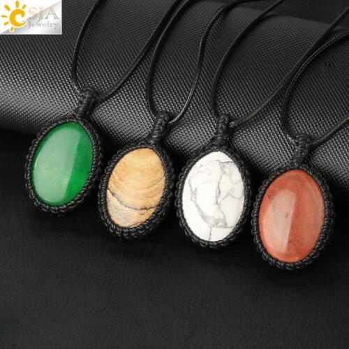 CSJA Oval Crystal Necklace Spirituality Rope Wrapped Natural Stone Quartz Pendant Necklaces for Women Men Braided Jewelry G662