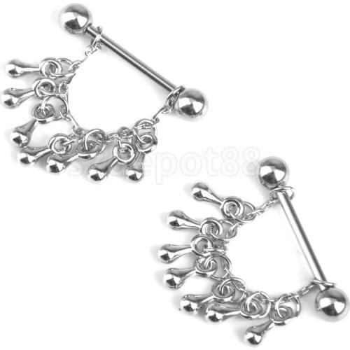 1 Pair 14G Stainless Steel Water Drop Tassel Nipple Ring Body Piercing