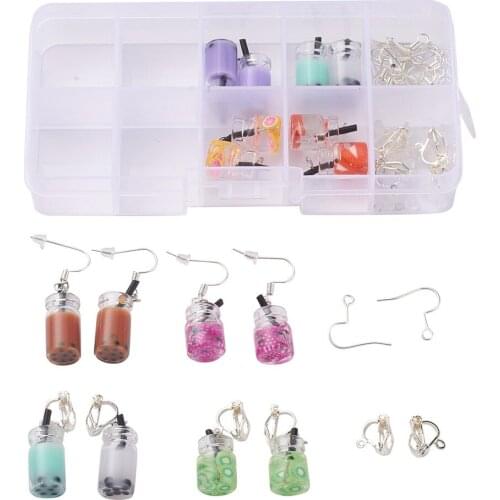 3D Milk Tea Pendants Box Glass Charms 96pcs/box Pendant With Earring Hook For DIY Jewelry Craft Earring Keychain Accessories
