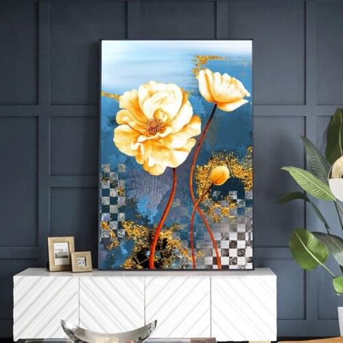 Modern Abstract Golden Blue Flower Paintings Poster Flowers Wall Art Canvas Painting Modular No Frame Pictures For Living Room
