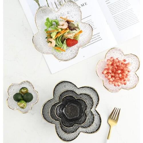 Japanese Style Flower Glass Bowl with Glod Rim for Dessert Salad Fruit Sauce Bowl Jewelry Storage Tray Decorative Trinket Dish