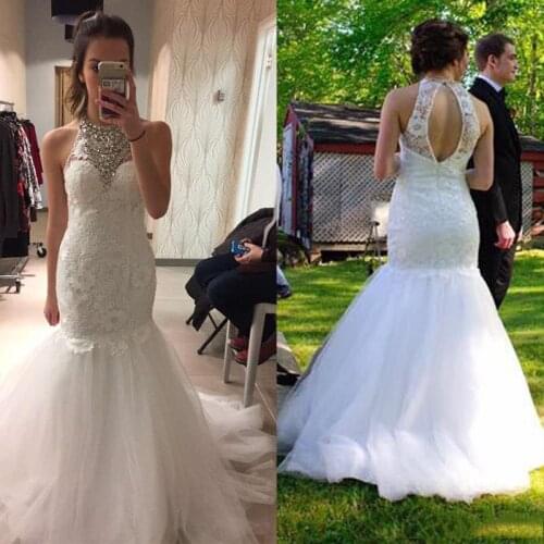 Gorgeous Crystal Mermaid Gown Vestido De Noiva Open Back O-Neck Lace Appliques Wedding Party Dress Custom Made