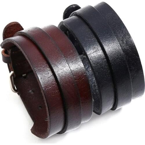 Vintage Casual Wide Bracelet Black Brown Genuine Leather Biker Wristbands Cuff Charm Bangle Belt Adjustable Punk Fashion Jewelry