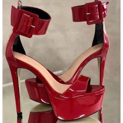 Moraima Snc Sexy Open Toe Woman Shoes Red Patent leather Big Buckle Strap Platform Sandal Summer Open Toe Thin Heels Shoes