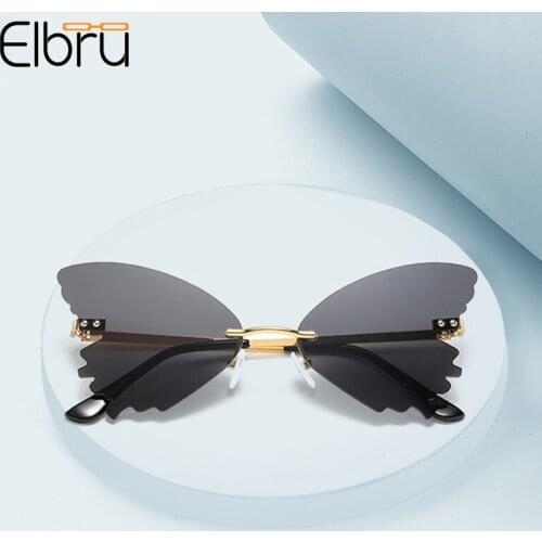 Elbru Fashion Personality Butterfly Shaped Sunglasses Women Rimless Ocean Color Lens Sun Glasses Gold Frame Sungshades Unisex