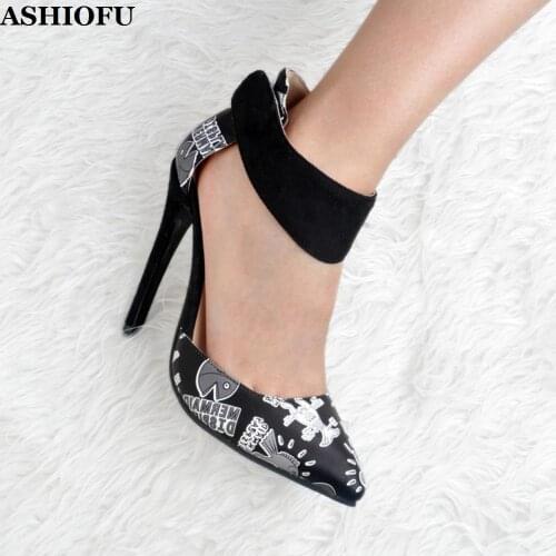 ASHIOFU Handmade Real-pics Womens High Heel Pumps Printing Leather Party Dress Shoes Stickers Evening Fashion Court Pumps Shoes