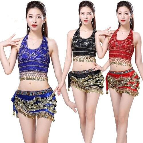 Ladies Belly Dancing Costume Suit Club Wear Party Outfits Performance Carnival Sequin Beading Stage & Coins Bra+Belt Wrap Scarf