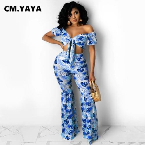 CM.YAYA Leaf Print Womens Set For Beach Tracksuit Crop Tops And Ruffles Flare Pants Matching Two Piece Outfits Sexy Sweatsuit