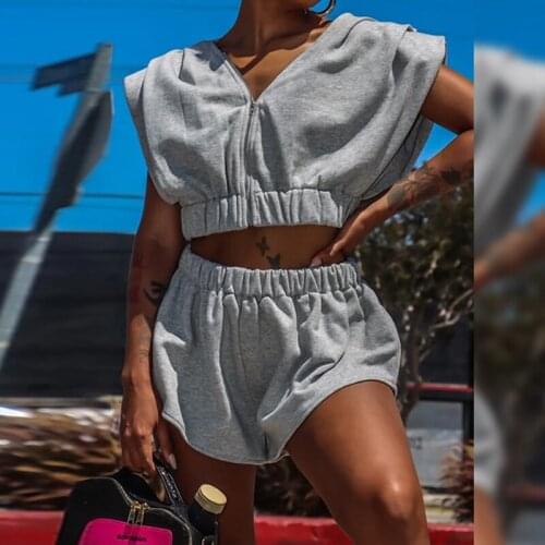 High Street Women Casual Shorts Tracksuits 2021 Summer Gray Flying Sleeve Front Zip Short Tops+Elastic Waist Shorts 2 Piece Sets