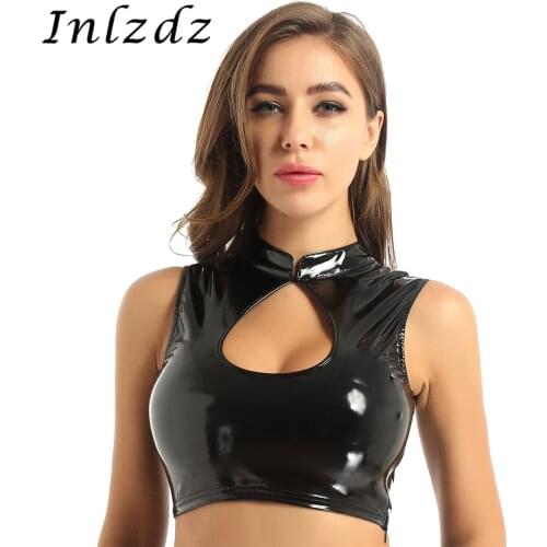 Womens Rave Crop Top Wet Look Patent Leather Mock Neck Front Keyhole Cut Out Pole Dance Vest Top for Music Festival Clubwear