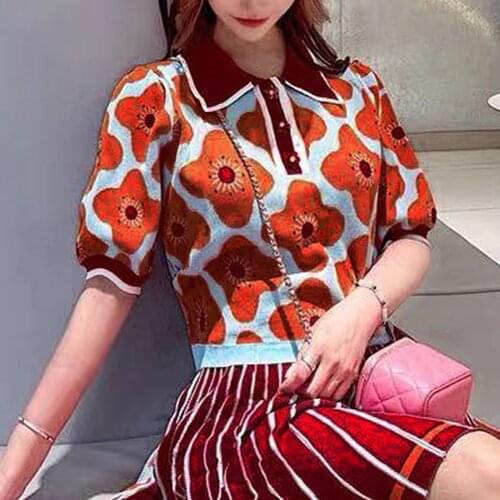 YiYiMiYu 2021 Summer New Lapel Color contrast Flower Jacquard Puff sleeve Knit Cropped Top Women Chic Flower Button Thin Sweater