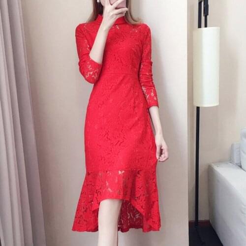 Black Red Lace Dress Women Autumn New Slim Bodycon Dress Hollow Fashion Designer Dresses Runway 2019 High Quality Vestido f1336