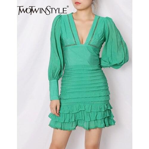 TWOTWINSTYLE Elegant Ruched Patchwork Mesh Dress For Women V Neck Long Sleeve High Waist White Dresses Female 2020 Summer New