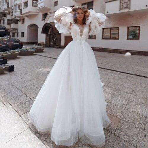 Thinyfull Sexy Backless V Neck Wedding Dresses A Line Long Puffy Sleeve Bride Dresses Tulle Lace Appliques Vestido De Novia 2020