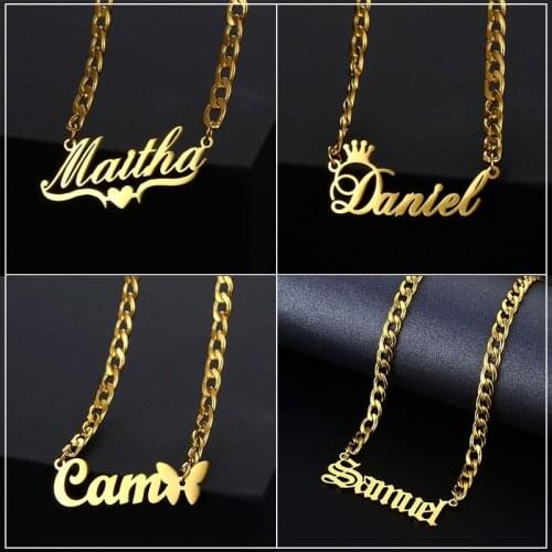 Custom Gold Stainless Steel Cuban Name Necklace Pendant Jewelry Customized Personalized Letters Crown Necklaces for Women Men