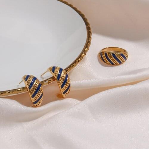 2021 Luxury Stainless Steel Wedding Jewelry Set Female Vintage Blue Enamel Croissant Rings 18K Golden Hoop Earrings For Women