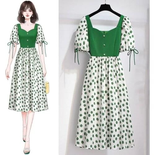 French stitching long dress female 2021 new summer dress waist slim black dress COTTON A-LINE Ruffles Square Collar