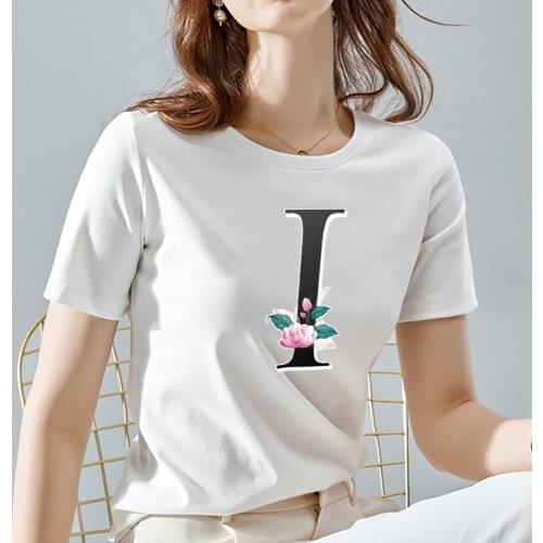 Summer Womens 26 English Letter Printing T-shirt Retro Fashion Ladies Casual White Basic Top T-shirt Women Short Sleeve
