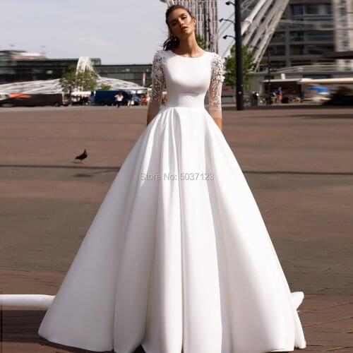 Glamorous Satin A Line Wedding Dresses O Neckline Three Quarter Lace Appliques Lace Up Bridal Gowns Vestido De Noiva Court Train