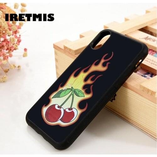 Iretmis 5 5S SE 2020 6 6S Silicone Rubber Phone Case Cover for iPhone 7 8 Plus X Xs 11 12 MINI Pro Max XR Cherry & Flame Print