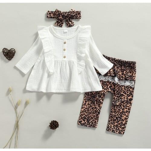 3Pcs Newborn Baby Girls Clothes Infant Autumn Set Cotton Long Sleeve Ruffle Top Leopard Print Pants Headband Spring Outfits Suit