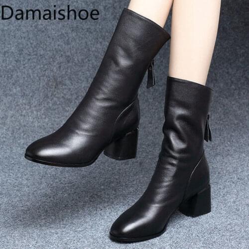 Real Soft Leather Short Boots Womens Mid Heel Square Toe Autumn and Winter New Mid Boots Womens Chunky Heel British Style Shoe
