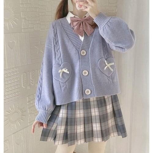 JK Uniform Short Knitted Cardigans Women Sweet Loose Korean Long Sleeved Sweater Woman Outwear Autumn New Style