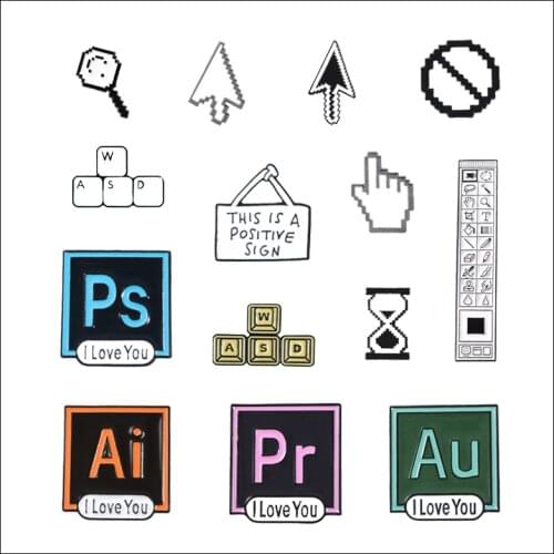 Creative Computer Keyboard Enamel Brooch WASD Mouse Arrow PS AI PR AU Tool Hourglass Alloy Badge Pin Jewelry Gift For Friends