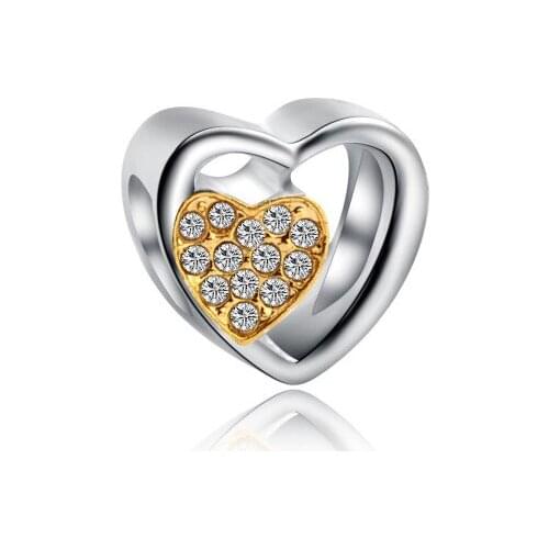 NEW Silver & Gold Heart Shiny Heart Charm Rhinestone Beads Fit Original Bracelet Beads DIY Jewelry For Women Precious Gift 1pcs
