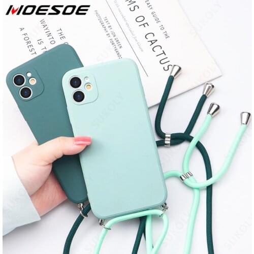 New Silicone Lanyard Soft Case Cover For iPhone 12 Pro Max 11 Pro XS XR X 12 Mini 7 8 Plus 6 6s Plus Square Lens Protect Cover