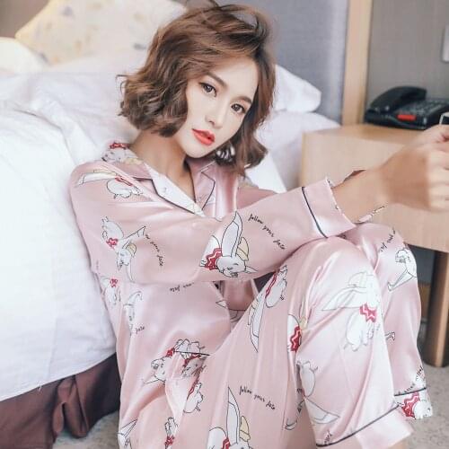 Summer Dumbo Printed Womens Long-sleeved Silk Homewear Comfortable Lapel and Cute Silky Ladies Pajamas 2-piece Home Service