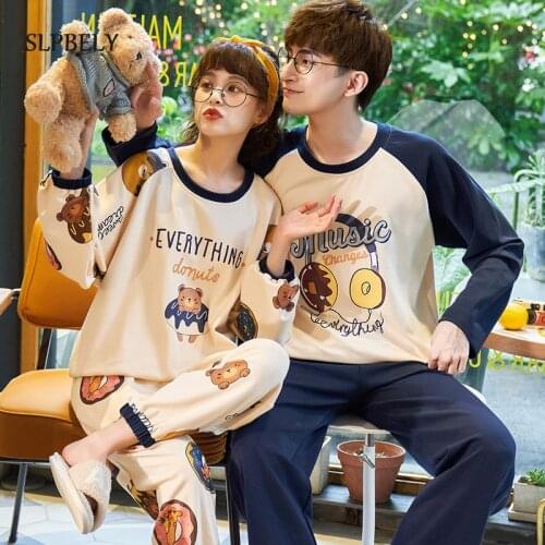 SLPBELY Couple Pajamas Set Homesuit Autumn Winter Cartoon Bear Long Sleeve Men And Women Nightwear Male Female Lovers Pyjamas