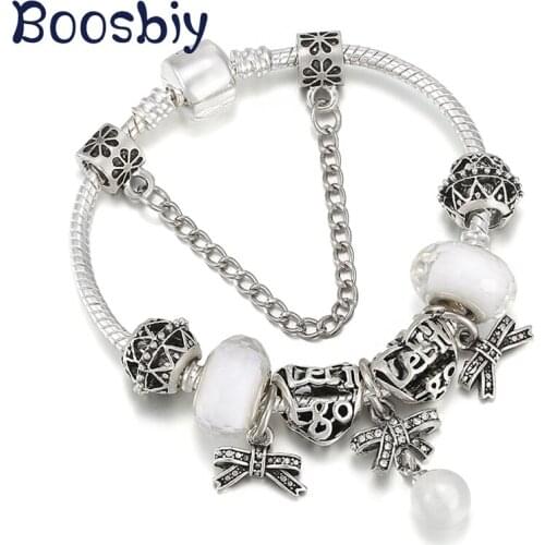 European Style Silver Plated Snake Chain Charm Bracelet With Lucky Bowknot Pendants DIY Romantic Jewelry Gift For Women