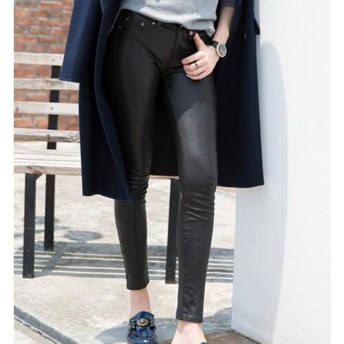 Luxury Women 100% Sheepskin Genuine Leather Pencil Pants Lady Sexy Stretchy Leggings Push Up Leather Long Trousers Skinny Pants