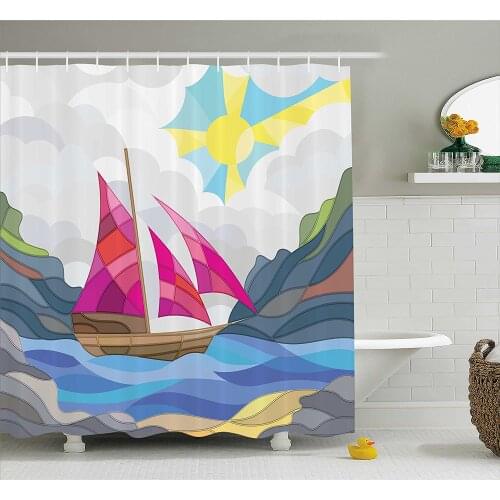 Modern Shower Curtain Sun Sky Clouds Sail Boat on The Sea Vitray Style Fractal Landscape Funky Picture Bathroom Curtains