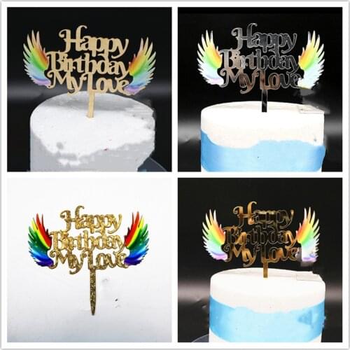 Ins Happy birthday my love Cake Topper Acrylic angel wings birthday Party cupcake Toppers decoration Baby shower cake Supplies