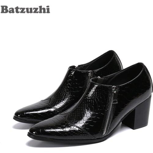 Batzuzhi 6.8cm High Heel Mens Leather Shoes Pointed Toe Zip Black Leather Dress Shoes Men Designers Zapatos Hombre Party,38-46